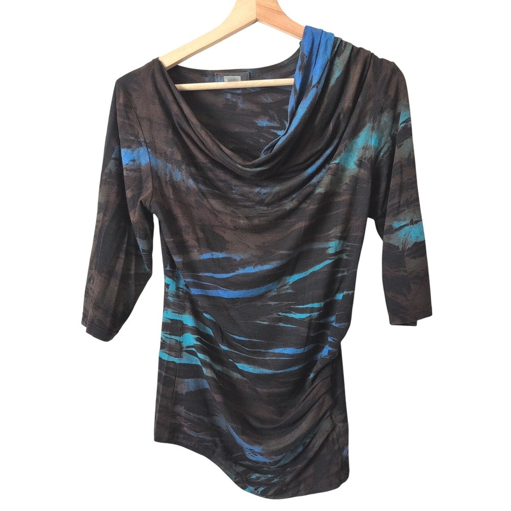 HEYNE BOGUT Hand Dyed Asymmetrical Ruched Top Blue Brown Size 3 Medium Boho Art
